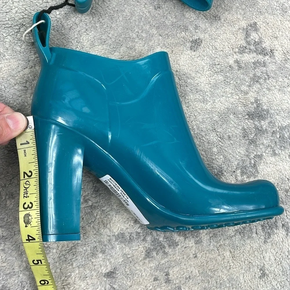 Bottega Veneta Shine Heeled Ankle Boots Rubber Rain Deep Teal Jade Sz 36